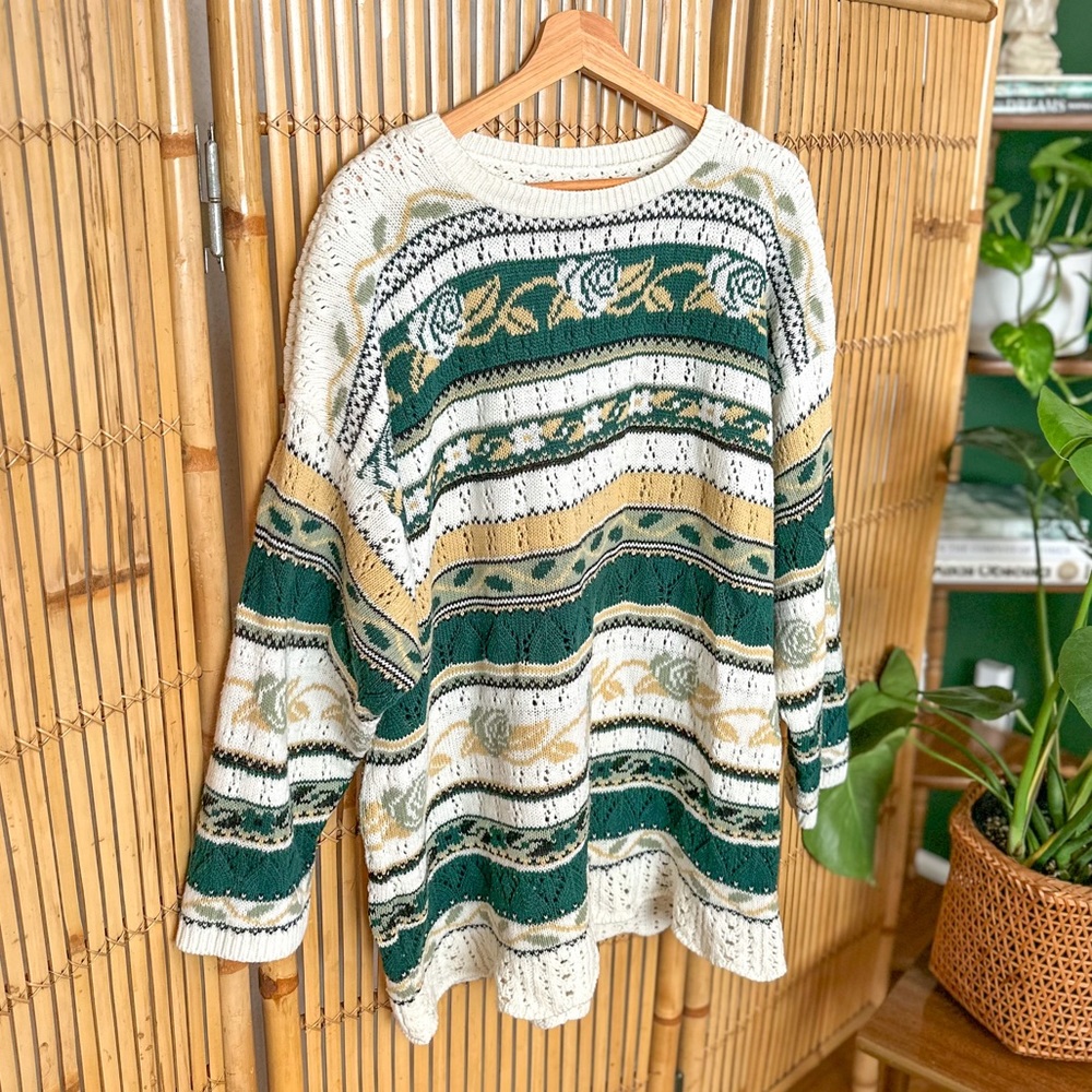 Vintage Handmade Oversized Green & White Floral Stripe Grandpa Pullover Sweater